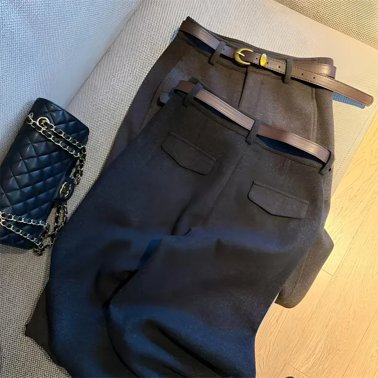 小个子窄版毛呢阔腿裤女秋冬加厚加绒高腰显瘦时尚九分直筒休闲裤