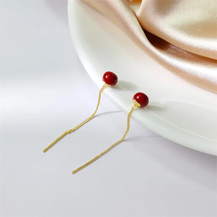 925银耳饰 S925银针新年安可拉红色相思豆耳钉小众气质流苏耳线