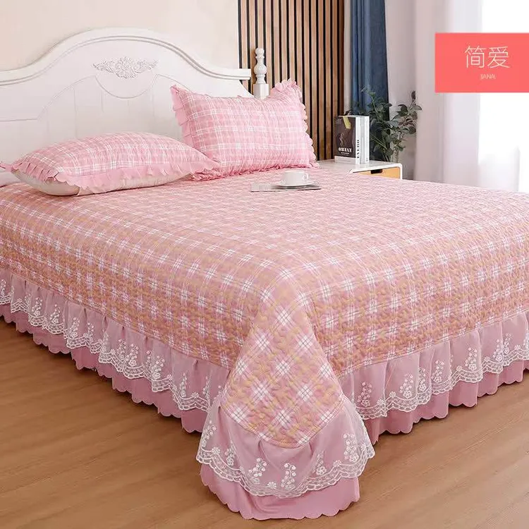 四季通用床盖床裙水洗棉加蕾丝花边防滑绗缝防滑床亲肤加厚三件套