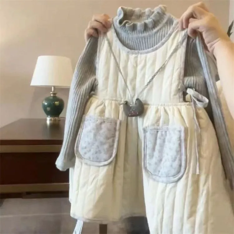 女童秋冬季韩系背心裙百搭灰色底衫套装女宝宝洋气甜美棉服裙