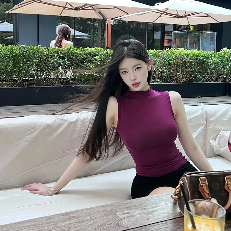 辣妹紫色半高领紧身显瘦背心女夏季纯欲性感绝美外穿无袖显瘦上衣