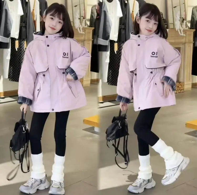 （加绒加厚）女童2025秋冬新款中大童连帽格子拼接收腰派克服