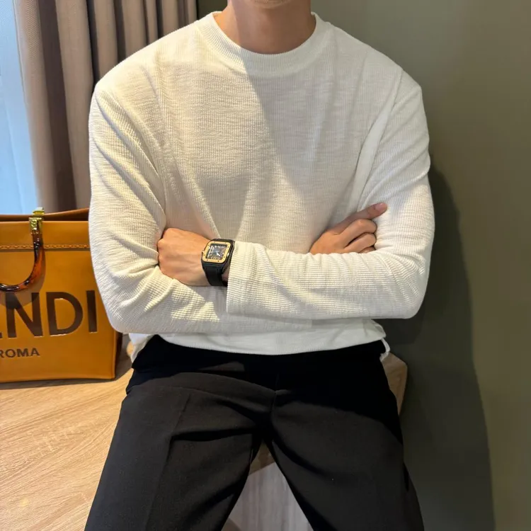 WUSHE物社【松弛亲肤】男士纯色圆领宽松长袖T恤时尚休闲褶皱打底衫