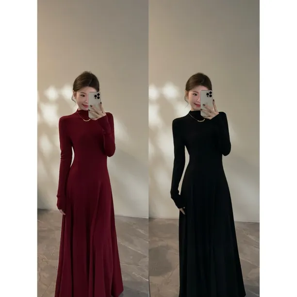 【颂宋】加绒半高领长袖秋冬气质显瘦纸片人内搭打底长裙DT1782