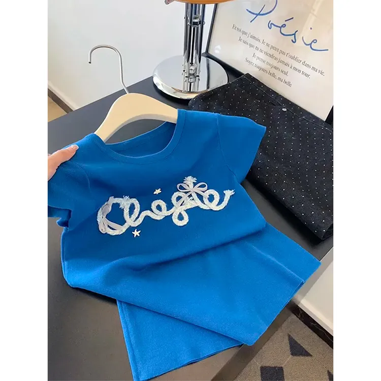 克莱因蓝色短袖正肩T恤女夏季短款蝴蝶结薄款冰丝小个子修身上衣