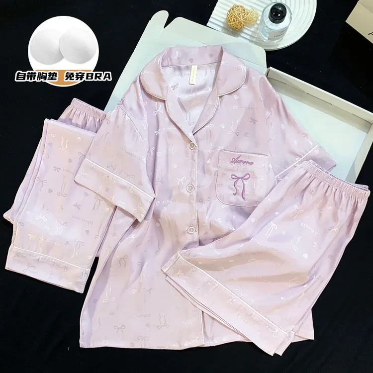 直播爆款小香茶花带胸垫短袖三件套夏季套装睡衣女感人字纹冰雪