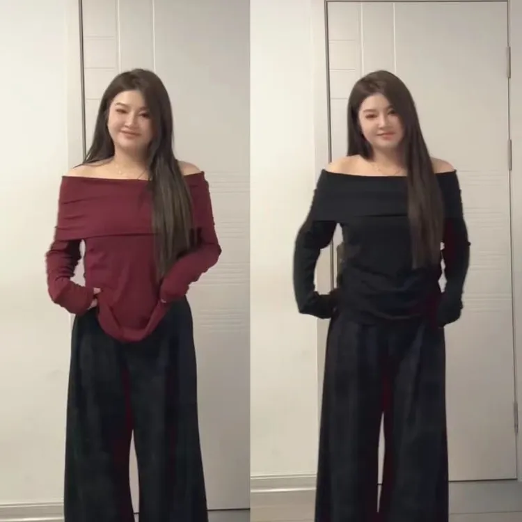 大码辣妹秋季一字肩长袖针织T恤韩系时尚气质露肩设计感打底衫潮