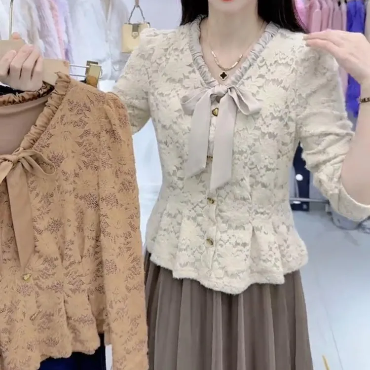 法式甜美减龄提花磨毛蕾丝2055新款领蝴蝶结衬衫洋气女上衣