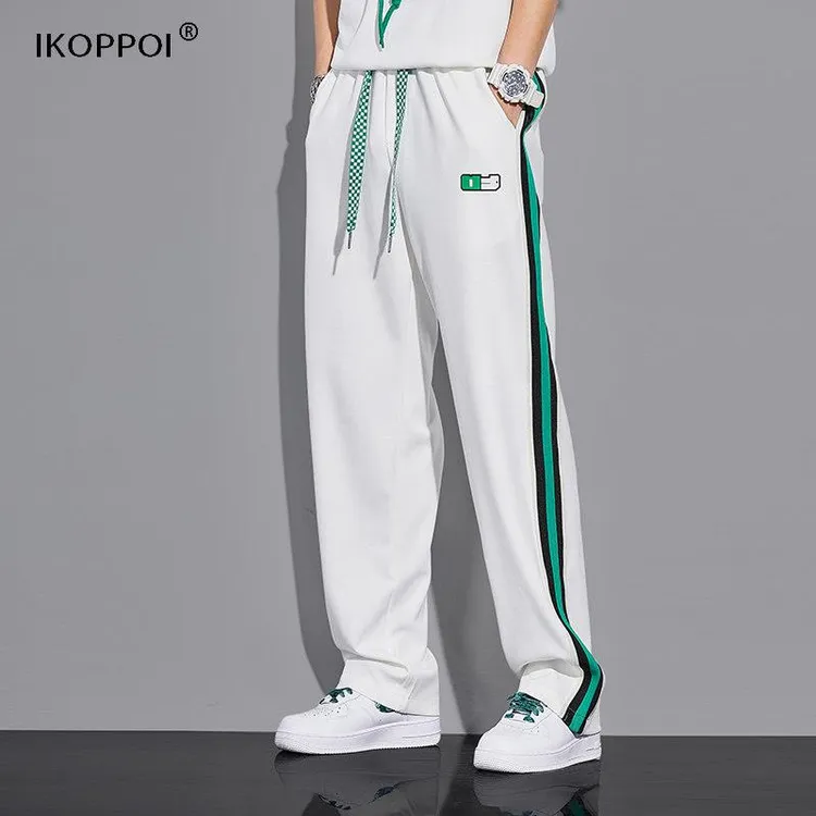 休闲裤男夏季宽松透气垂感阔腿裤男士韩版潮流条纹百搭直筒运动裤