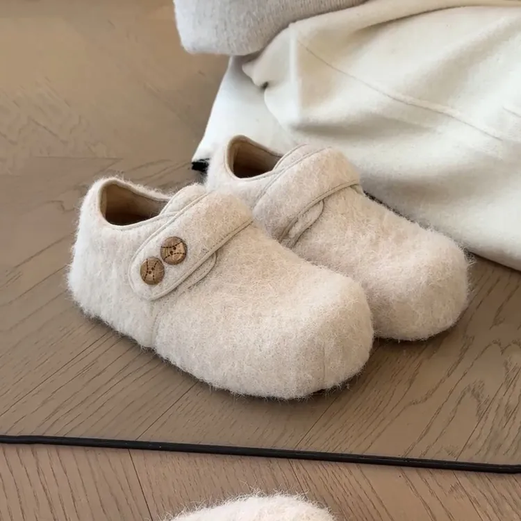 白色复古加绒全包勃肯鞋女2025新款冬季外穿厚底增高保暖毛毛棉鞋
