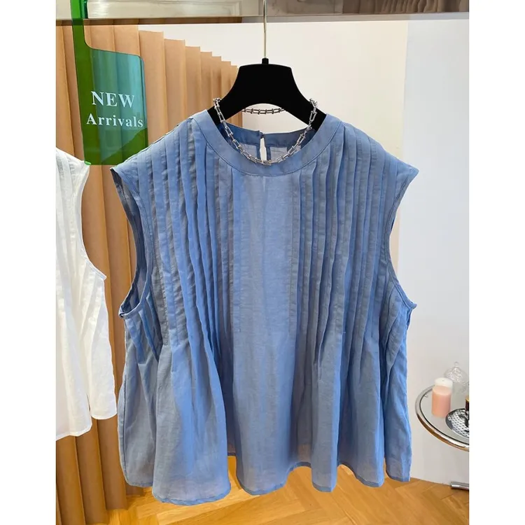01137高级感蓝色亚麻无袖上衣女高端宽松百褶棉麻衬衫娃娃衫夏