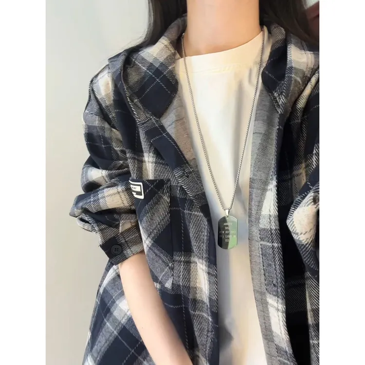 美式复古黑白格子连帽衬衫男痞帅高级感长袖衬衣oversize情侣外套