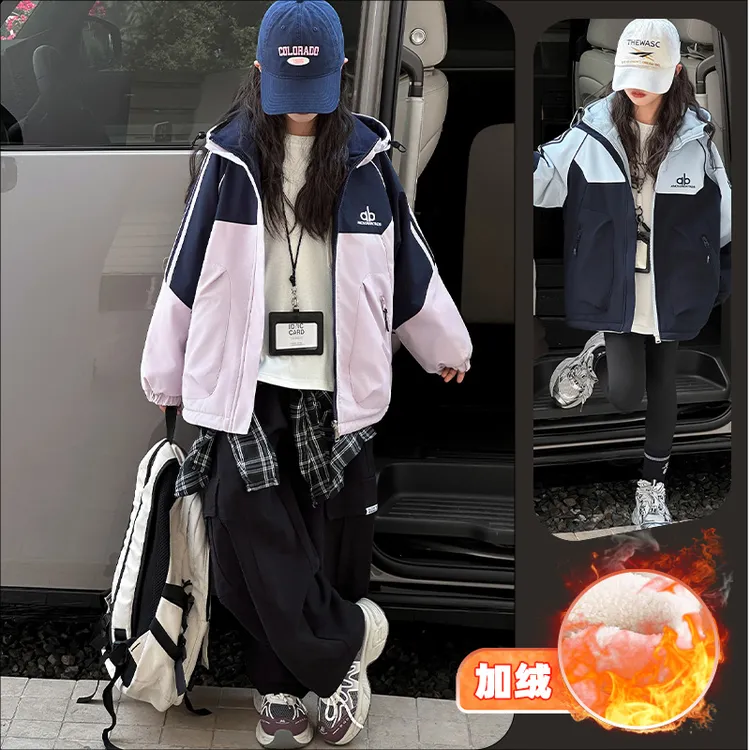 女童休闲宽松冬季保暖冲锋衣拼接连帽外套6~12岁中大童时髦洋气潮