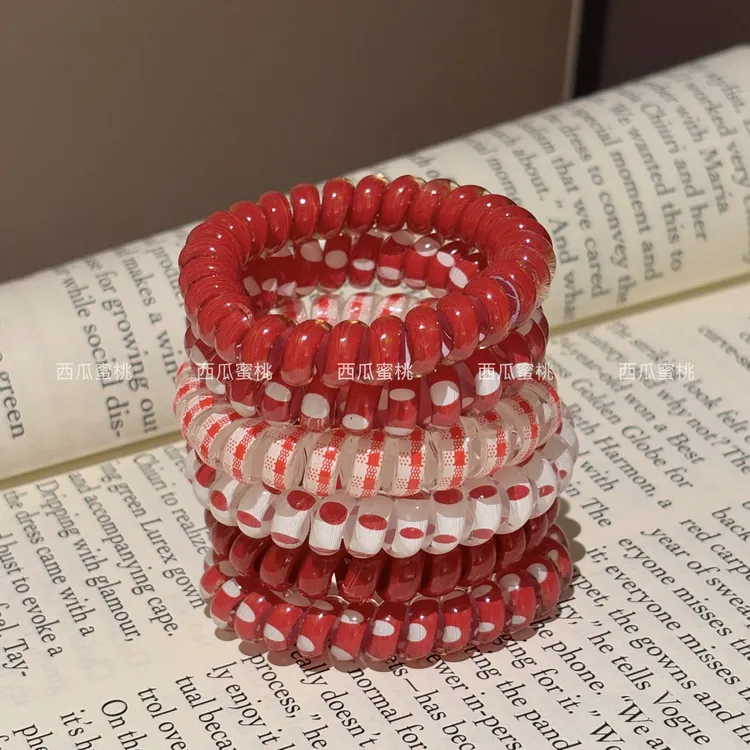 新年红色电话线发圈高弹力耐用橡皮筋丸子头扎头发绳无痕皮套头饰