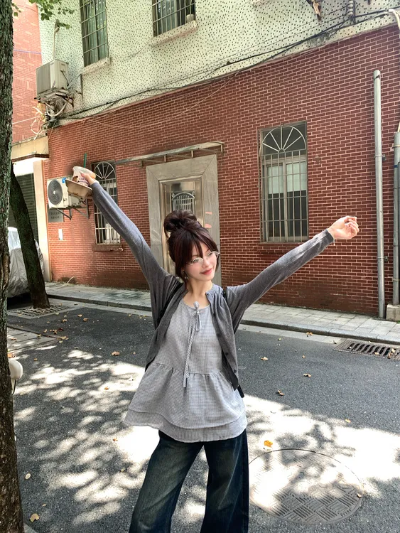 徐子 成为韩女·甜美bm感开衫少女风秋季女百搭宽松松弛两件套套装