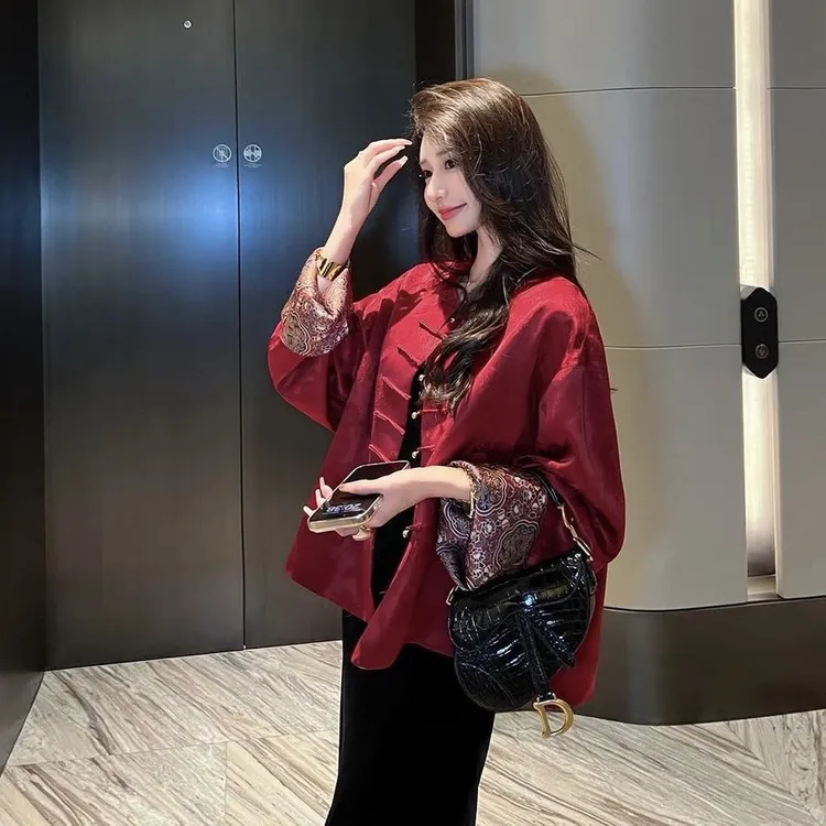 高级感红色新中式国风上衣新年春秋季新款唐装高端盘扣时尚外套女