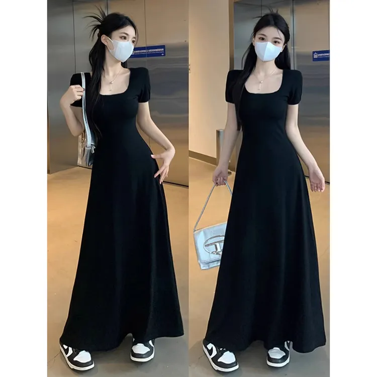 气质方领显瘦A字大摆法式长裙25年夏季黑色长款短袖设计感连衣裙
