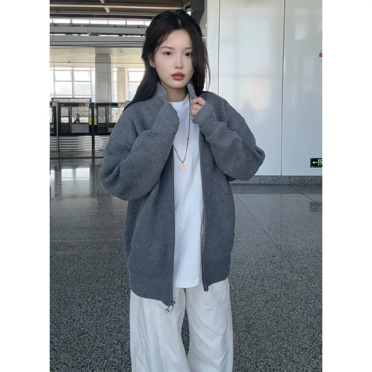 双拉链立领毛衣外套男女初秋穿搭美式复古纯色针织衫纯色无帽上衣