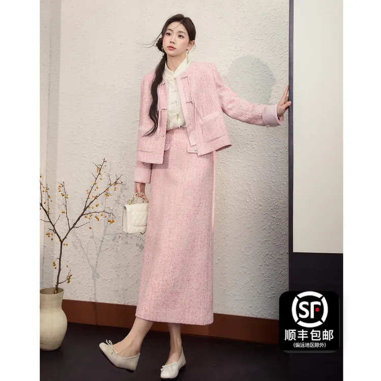 蓝语大码女装胖mm国风盘口外套上衣显瘦半身裙2025秋季小香风套装
