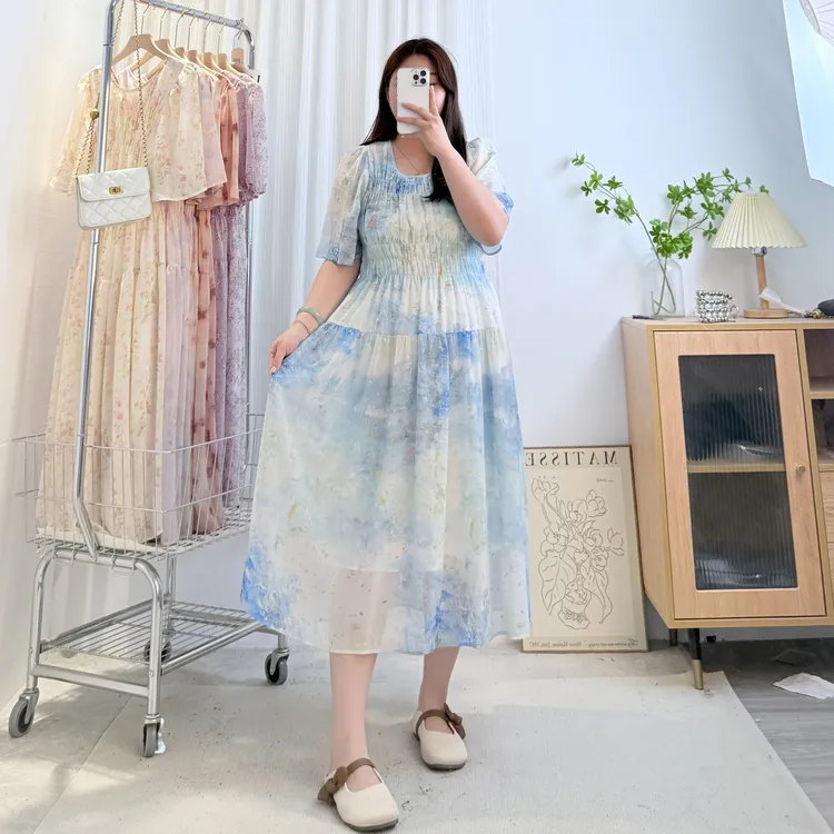 韩系晕染【海盐琉璃】小众蓝色碎花裙大码胖mm高腰显瘦中长连衣裙