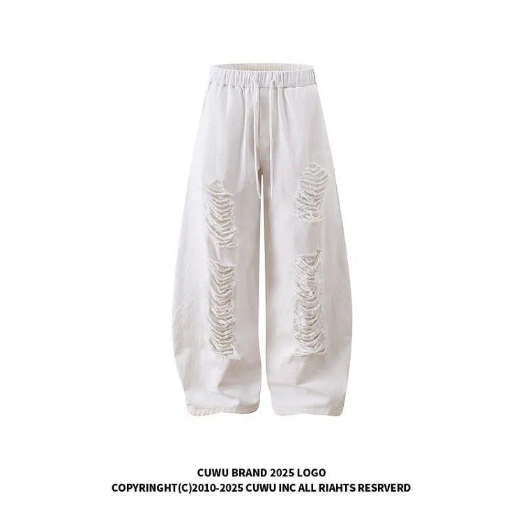 cuwu白色破洞休闲裤女男夏季美式高街宽松显瘦阔腿裤抽绳弯刀裤子