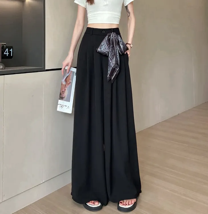 【送丝巾】慵懒风西装宽松垂感阔腿裤女早秋新款休闲裤丝巾绑带设计