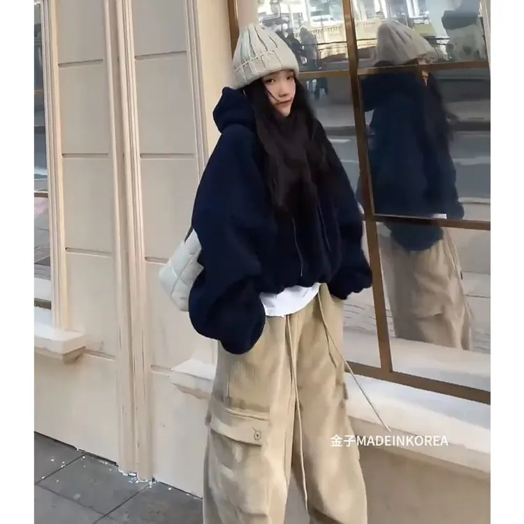 欧洲站2025秋冬新款韩系休闲百搭宽松连帽时尚通勤颗粒绒卫衣潮