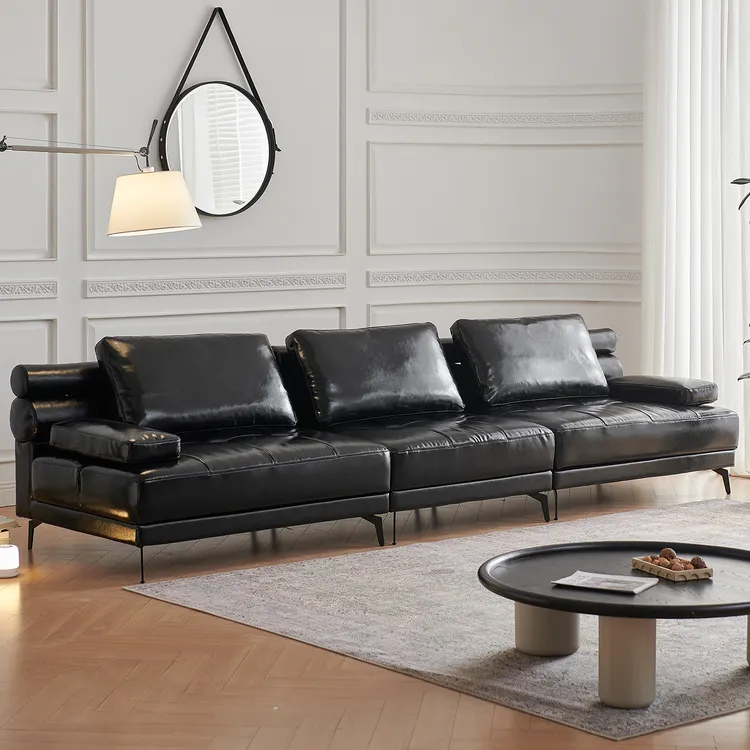 无界/原创2025新款旋转灵动岛客厅小户型直排多功能黑色真皮沙发