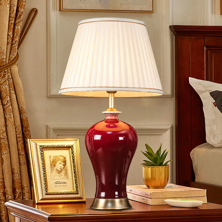 朗科雷新中式大红色陶瓷台灯全铜复古书房古典卧室别墅中国风灯
