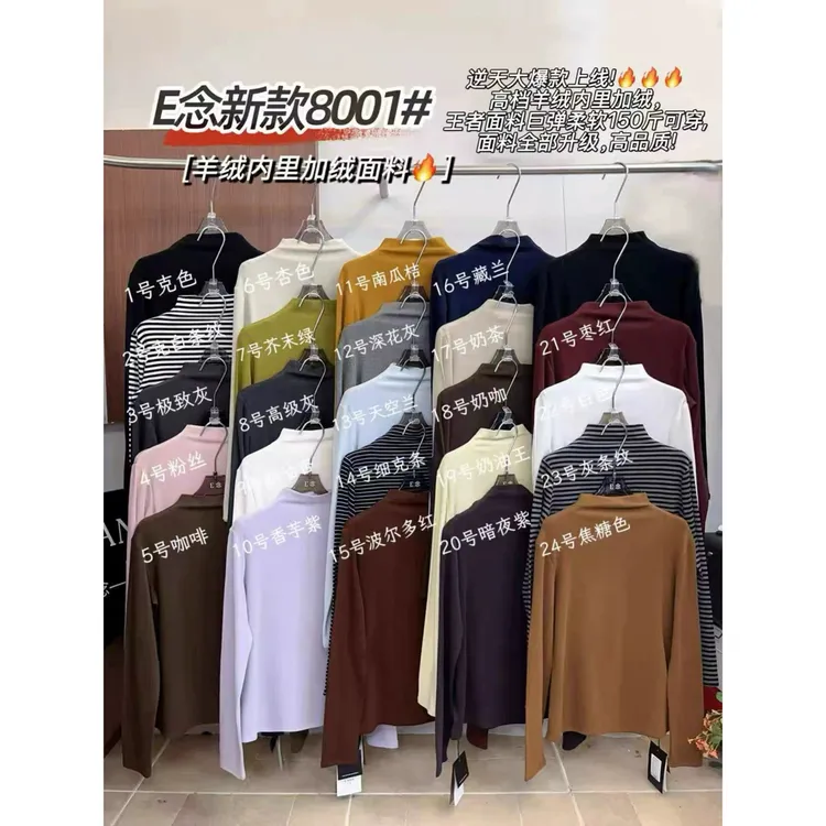 E念8001秋冬新款半高领长袖棉加绒打底衫女显瘦气质内搭上衣
