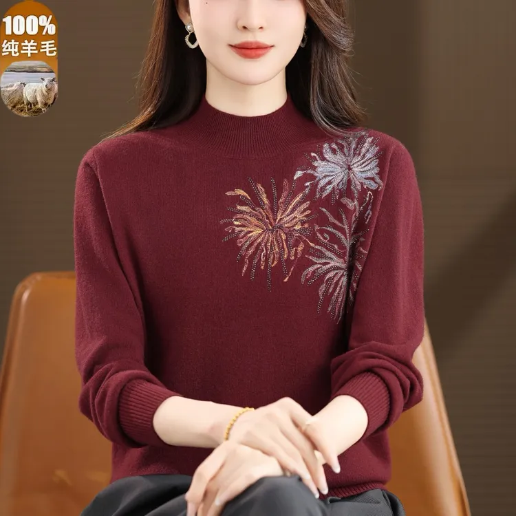 秋冬半高领毛衣100%纯羊毛中年妈妈装镶钻纯色大码百搭针织羊毛衫