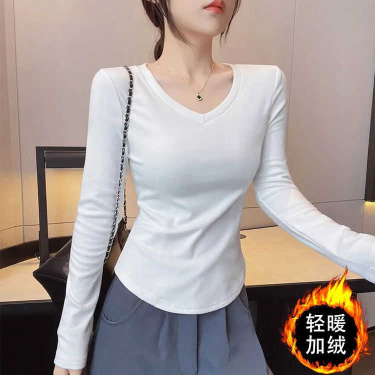 白色v领打底衫女2026新款秋冬季加绒长袖t恤内搭打底洋气外穿上衣