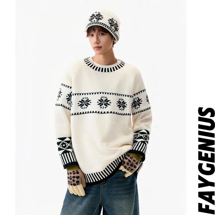 美式秋冬费尔岛高级简约ins风圆领针织衫印花条纹慵懒风百搭毛衣