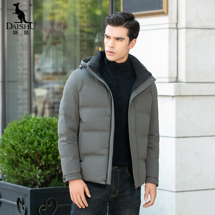 袋鼠男装商务休闲短款连帽时尚保暖户外拉链拼色外套羽绒服冬季