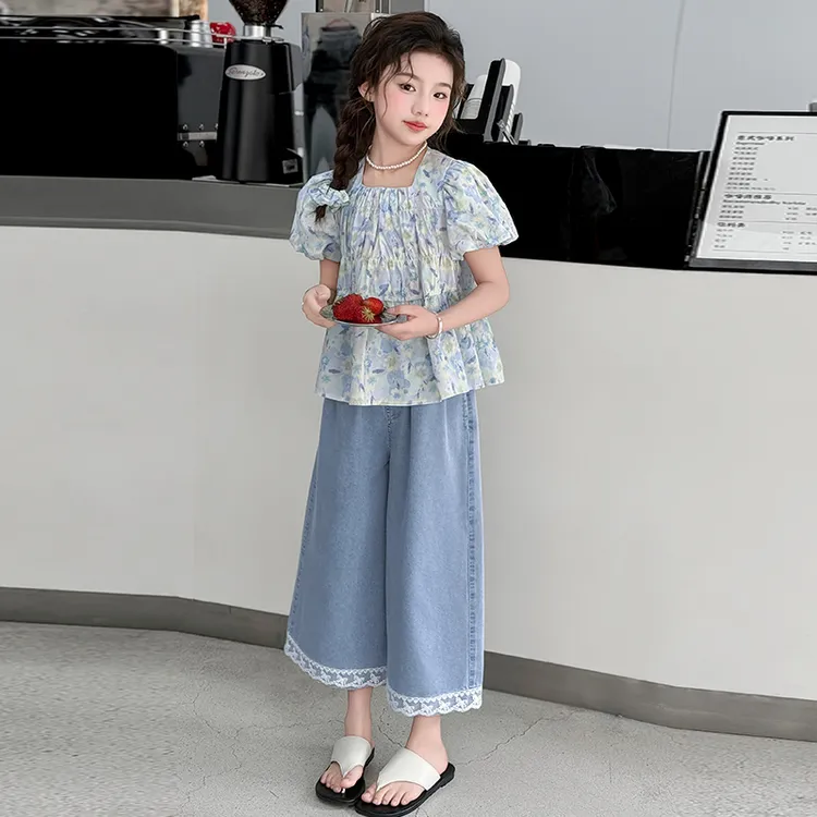 女童夏季碎花衬衣牛仔裤套装中大童2025新款清凉透气儿童两件套款
