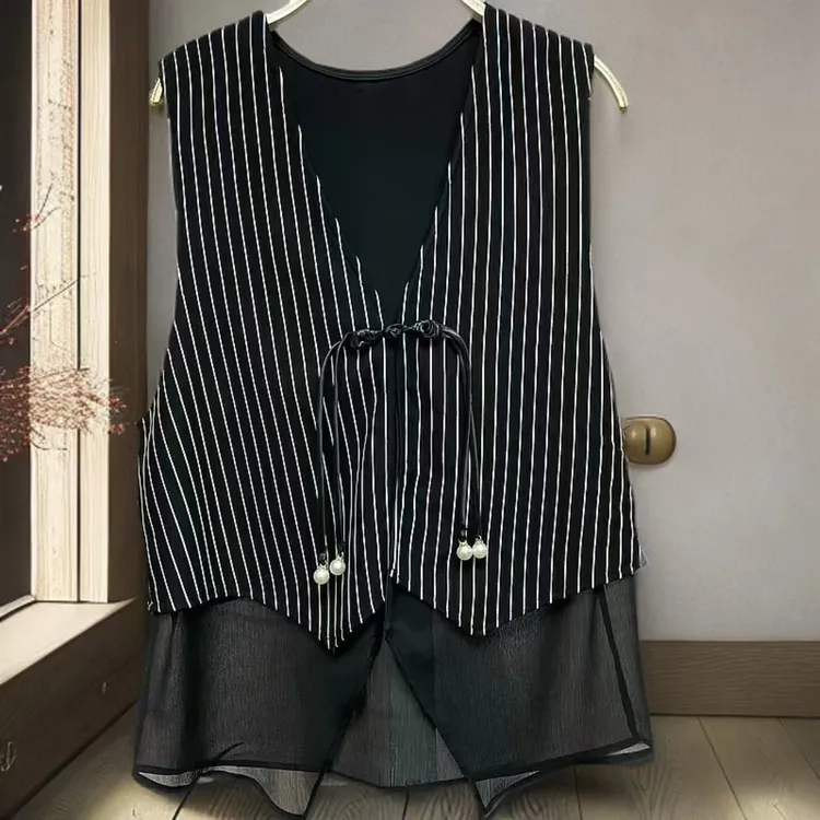 新款国风竖条纹加内衬珍珠马甲轻奢宽松显瘦时尚款新款上衣