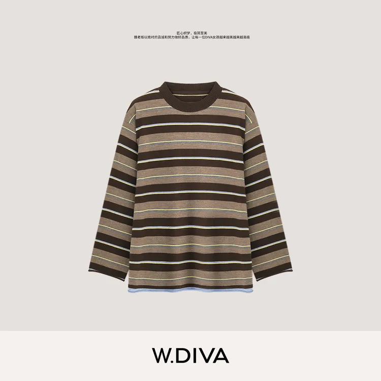 W.Diva【银河旷野】秋季羊毛学院宽松撞色蓝咖条纹针织衫53Z242995