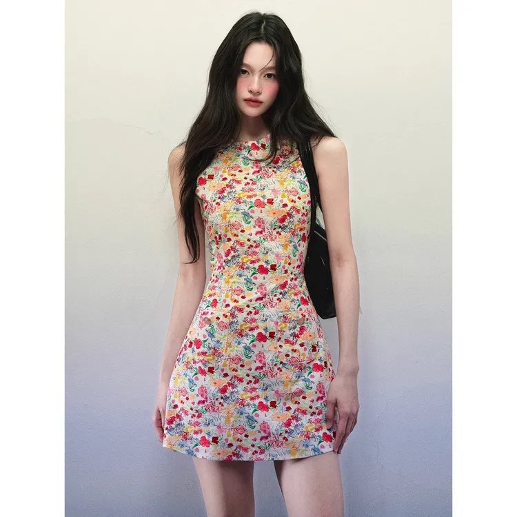 热夏红色小碎花背心连衣裙女夏季圆领修身收腰无袖短裙