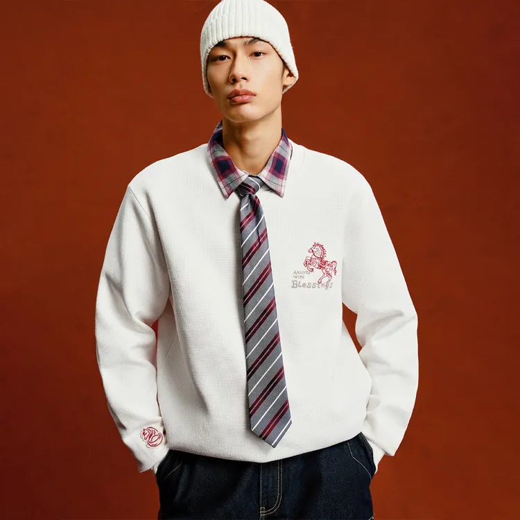 【马年限定】杰克琼斯男士圆领卫衣新年款本命年刺绣经典华夫格男装