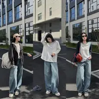 今婷秋季时尚新款休闲百搭复古做旧直筒阔腿牛仔长裤-M25318302  