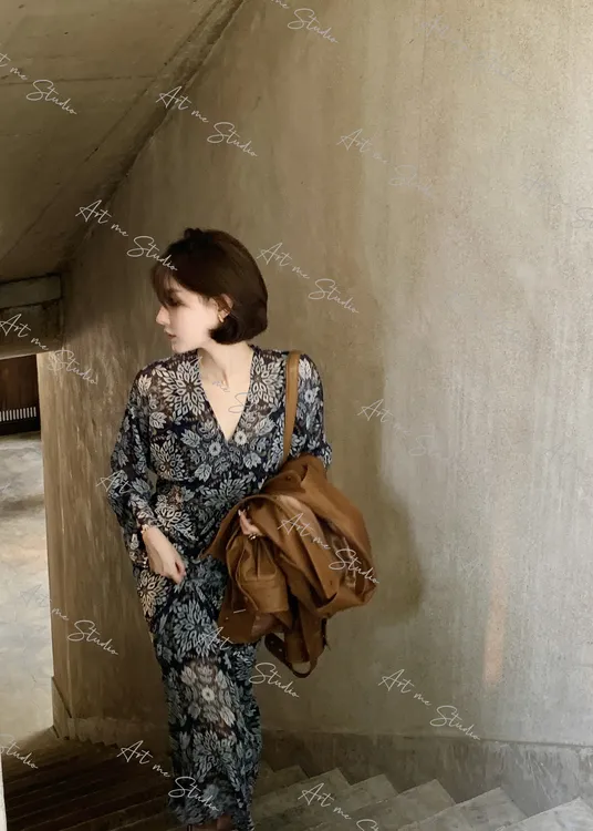 藤叶花色静谧完美体态女神美感轻盈飘纱微透修身连衣裙w1683l1