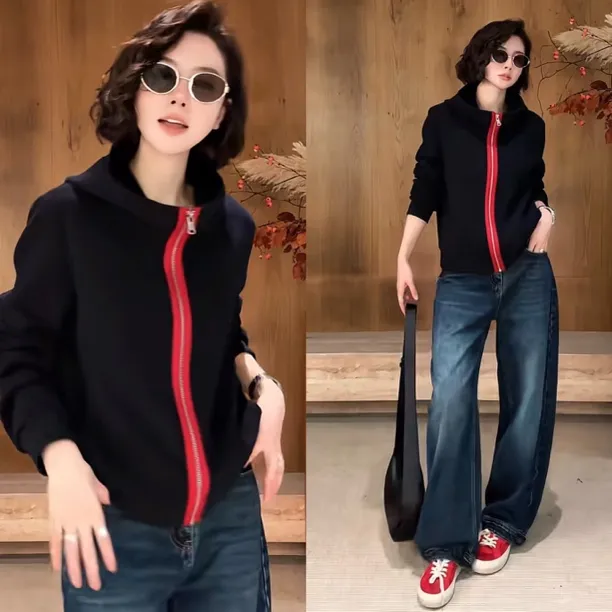 连帽撞色设计感运动风卫衣短外套女2026秋季新款休闲显瘦夹克上衣商品图