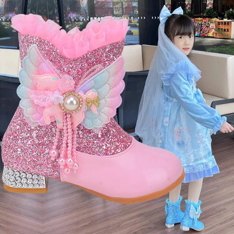 女童短靴加绒保暖秋冬季新款蝴蝶结儿童高跟公主鞋小女孩中筒皮靴