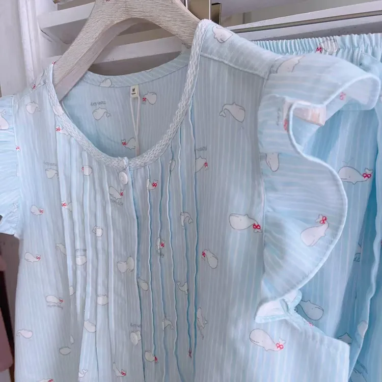 夏季纯棉女士甜美睡衣简约宽松薄款小飞袖短裤2件套家居服套装