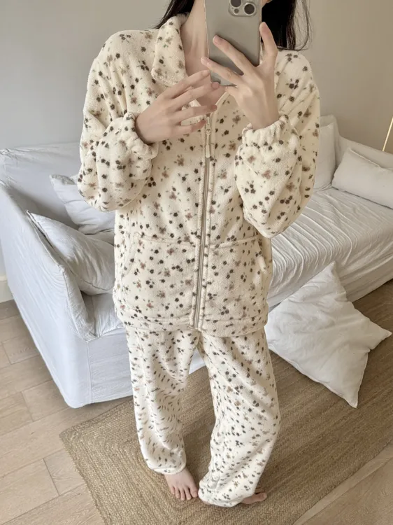 【小新家】保暖长袖碎花冬季睡衣家居服套装甜美宽松