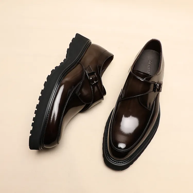 英伦时尚百搭商务休闲厚底一脚蹬孟克乐福鞋韩版亮面真皮舒适男鞋