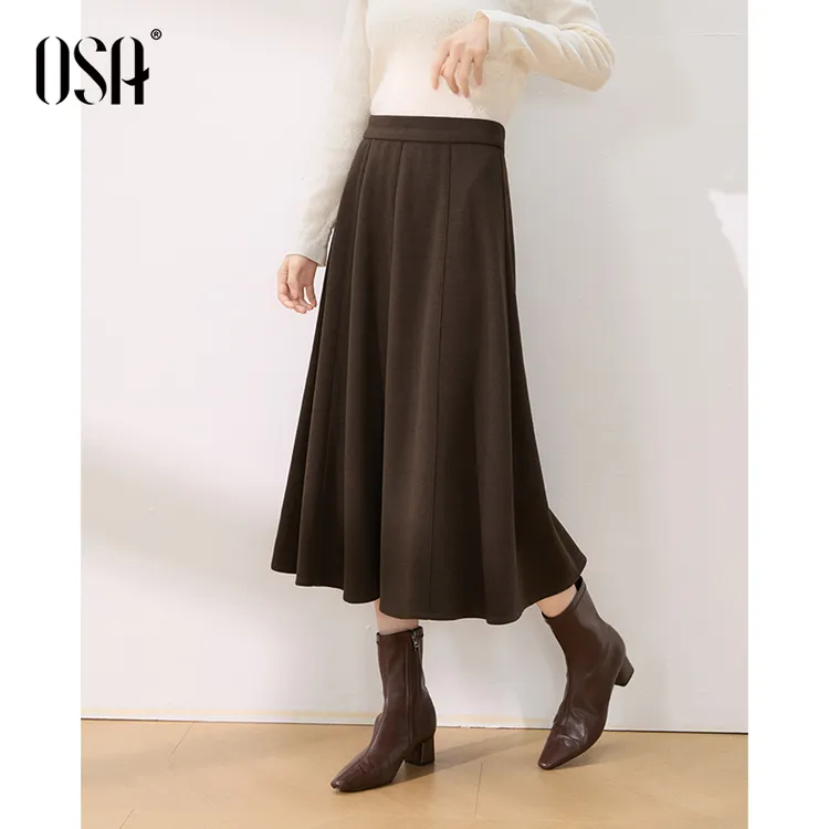 OSA/欧莎 高腰毛呢半身裙女复古A字裙显瘦中长款鱼尾裙S125D51006