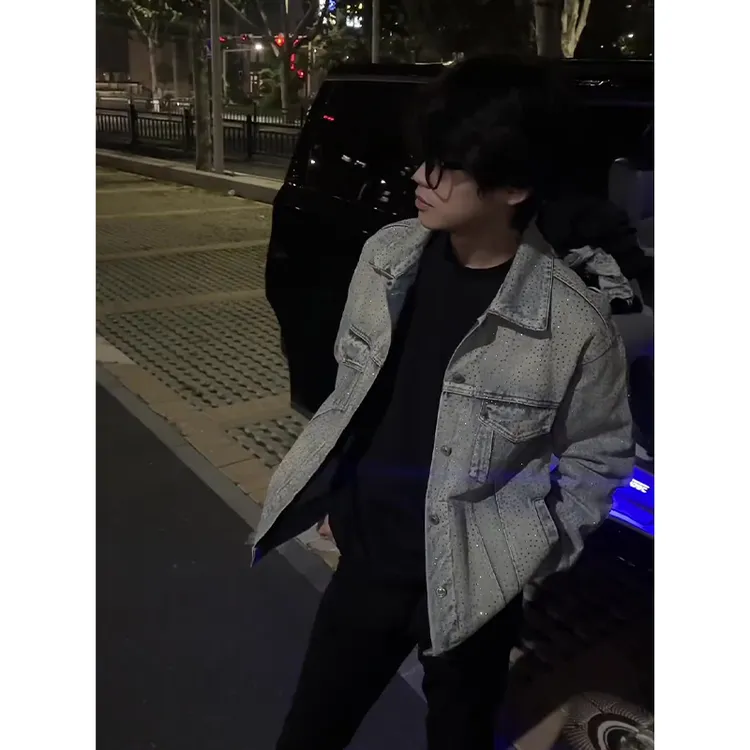蓝色烫钻满天星牛仔外套男秋季小众设计感牛仔衣美式复古翻领夹克