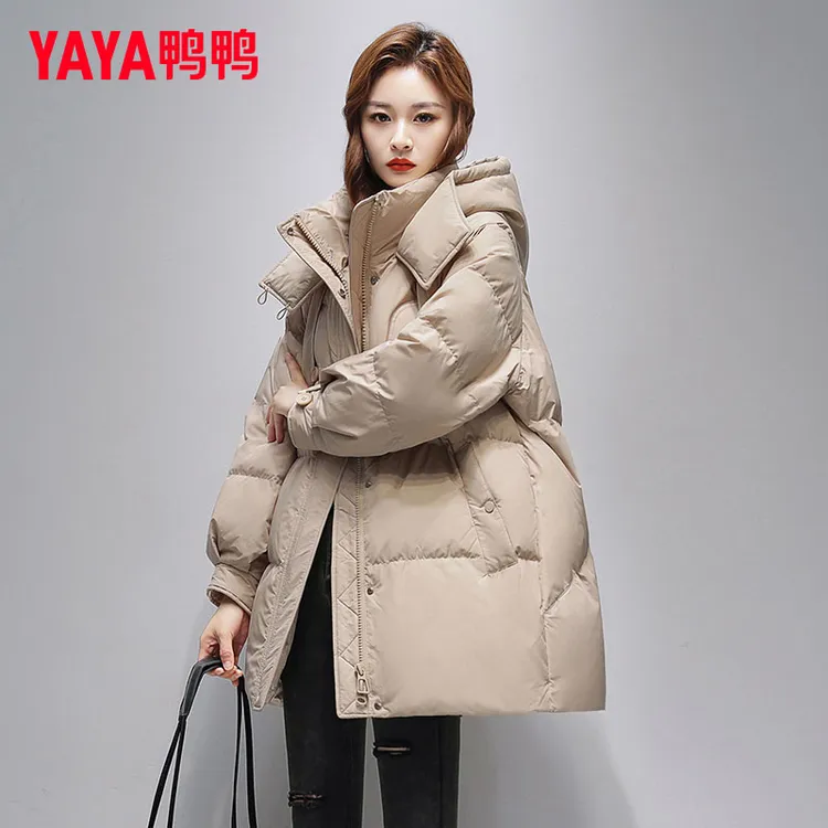 鸭鸭羽绒服女2025年新款短款连帽宽松中长款加厚保暖韩版冬季外套