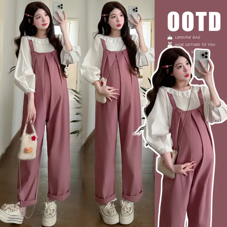 2025孕妇装秋季新款洋气韩版休闲花边娃娃领上衣牛仔背带裤两件套